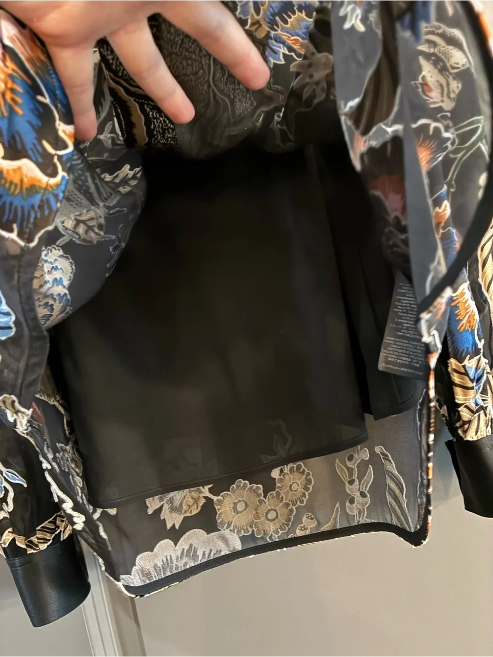 Tory Burch Black Floral Tie-Neck Blouse with Blue, Cream & Orange Accents